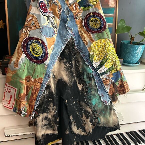 Patchwork Denim Jumper Skirt Upcycled Overall Dress Painted One of a Kind OS - Picture 6 of 16
